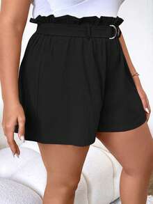 Calvaya 大碼紙袋腰附腰帶短褲 - 黑色 - 查看 3