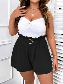 Calvaya 大碼紙袋腰附腰帶短褲 - 黑色 - 查看 4