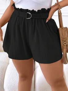 Calvaya 大碼紙袋腰附腰帶短褲 - 黑色 - 查看 7