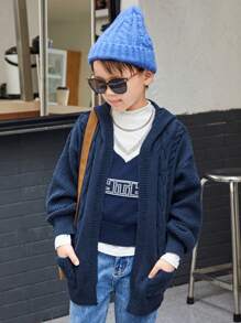 SHEIN Tween Boys' Long Sleeve Hooded Cardigan With Pockets For Casual Wear - Dusty Blue - View 1