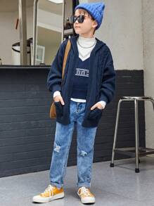 SHEIN Tween Boys' Long Sleeve Hooded Cardigan With Pockets For Casual Wear - Dusty Blue - View 3