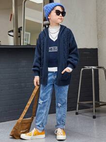 SHEIN Tween Boys' Long Sleeve Hooded Cardigan With Pockets For Casual Wear - Dusty Blue - View 5