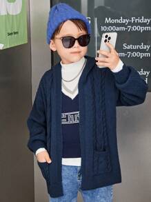 SHEIN Tween Boys' Long Sleeve Hooded Cardigan With Pockets For Casual Wear - Dusty Blue - View 6