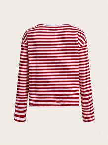 SHEIN EZwear Women's Casual Striped Long Sleeve T-Shirts - Red and White - View 2