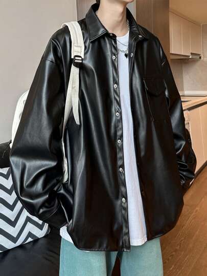 Guys Flap Pocket Drop Shoulder PU Jacket