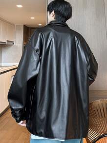 Claim Dot 宽松男士翻盖口袋落肩PU皮夹克，纯色，皮革，长袖，外出，男友礼物，薄款夹克，秋季款