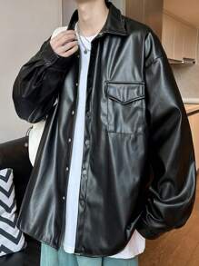 Claim Dot 宽松男士翻盖口袋落肩PU皮夹克，纯色，皮革，长袖，外出，男友礼物，薄款夹克，秋季款