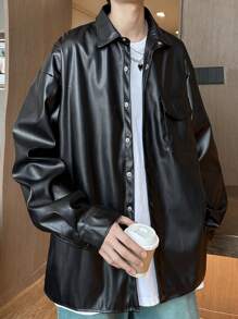 Claim Dot 宽松男士翻盖口袋落肩PU皮夹克，纯色，皮革，长袖，外出，男友礼物，薄款夹克，秋季款