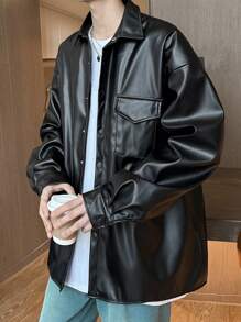 Claim Dot 宽松男士翻盖口袋落肩PU皮夹克，纯色，皮革，长袖，外出，男友礼物，薄款夹克，秋季款