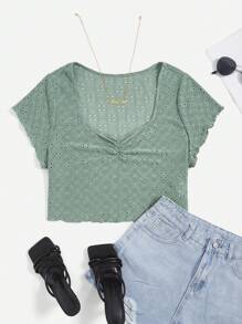 SHEIN VCAY Rynkad Byst Sallad Ordning Broderi Anglaise Enkel Enkel Plus Size T-shirt - Mint Grön - Visa 1