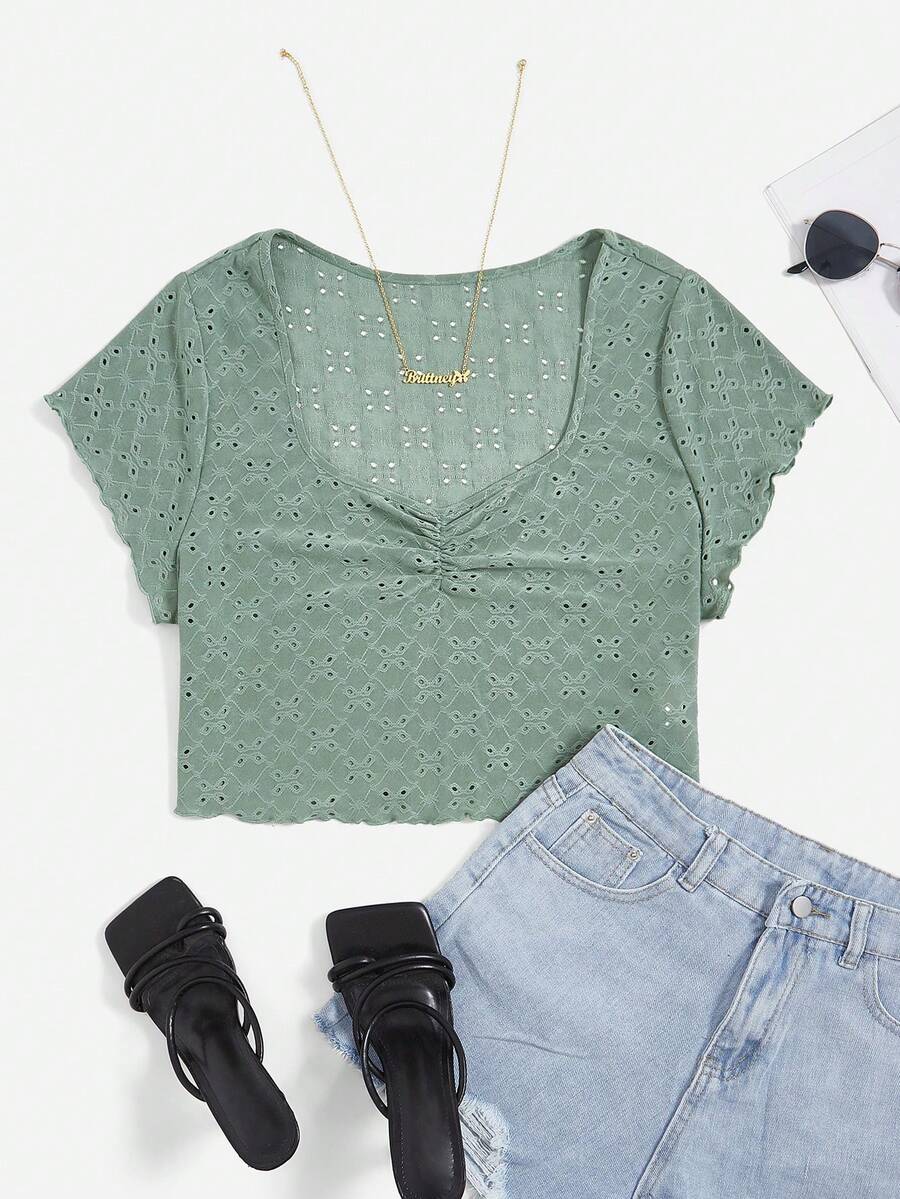 SHEIN VCAY Rynkad Byst Sallad Ordning Broderi Anglaise Enkel Enkel Plus Size T-shirt - Mint Grön - Visa 1