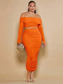 SHEIN BAE Talla grande de hombros descubiertos Top crop & fruncido Falda de lápiz - Naranja - Ver 1