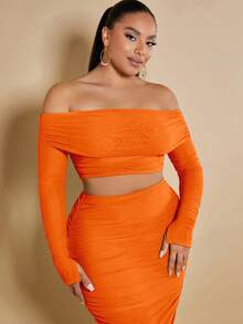 SHEIN BAE Talla grande de hombros descubiertos Top crop & fruncido Falda de lápiz - Naranja - Ver 4