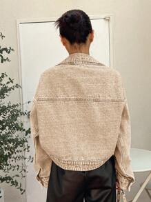 DAZY 開襟短版牛仔夾克,下垂肩設計 - 卡其色 - 查看 2