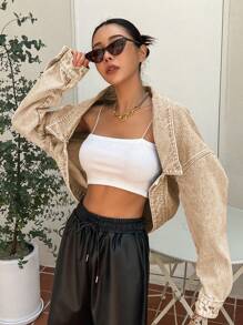 DAZY 開襟短版牛仔夾克,下垂肩設計 - 卡其色 - 查看 4