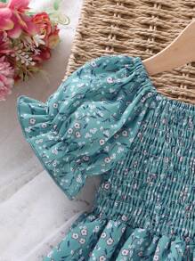 SHEIN 年輕女孩印花泡泡袖抽褶連衣裙