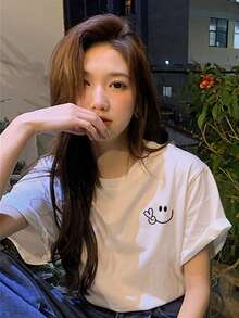 女士休闲百搭图案印花圆领短袖 T 恤，夏季新品