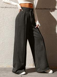 SHEIN EZwear 春季連身褲帶束口高腰寬腿運動長褲 - 咖啡棕 - 查看 3