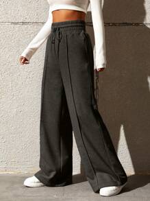 SHEIN EZwear 春季連身褲帶束口高腰寬腿運動長褲 - 咖啡棕 - 查看 6