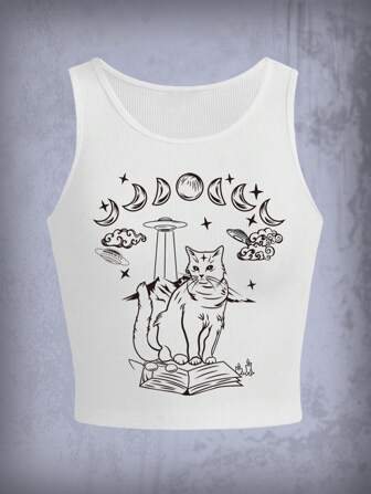 Goth لباس علوي تانك طباعة القط