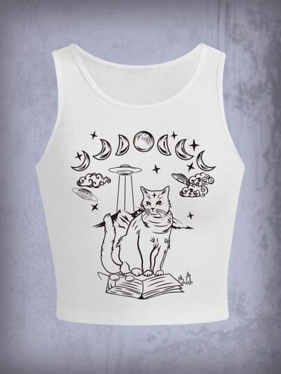 Goth لباس علوي تانك طباعة القط