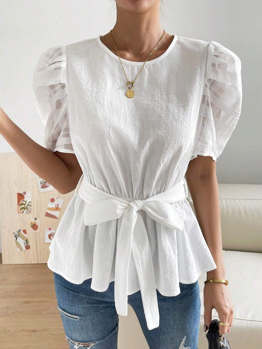 SHEIN Privé Puff Sleeve Belted Blouse - White - View 1