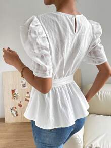 SHEIN Privé Puff Sleeve Belted Blouse - White - View 2