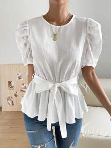 SHEIN Privé Puff Sleeve Belted Blouse - White - View 4