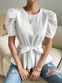SHEIN Privé Puff Sleeve Belted Blouse - White - View 5