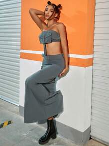 2入組翻蓋口袋抹胸上衣和織帶金屬扣環腰帶高衩工裝套裝半身裙 - 灰色 - 查看 5