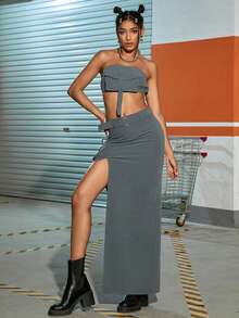 2入組翻蓋口袋抹胸上衣和織帶金屬扣環腰帶高衩工裝套裝半身裙 - 灰色 - 查看 6