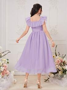 Modelyn 荷葉邊方領素色連衣裙 - 紫丁香色 - 查看 2
