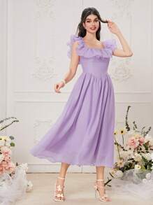 Modelyn 荷葉邊方領素色連衣裙 - 紫丁香色 - 查看 3