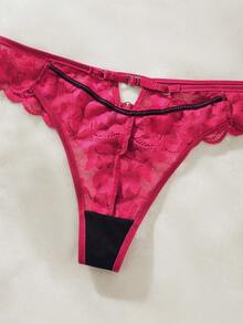 花卉蕾絲鏤空內衣套裝 - 酒紅色 - 查看 4