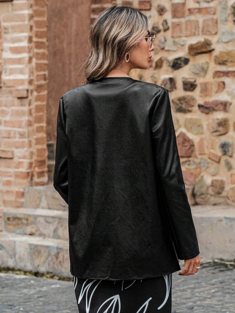 1pc Solid Open Front PU Leather Coat