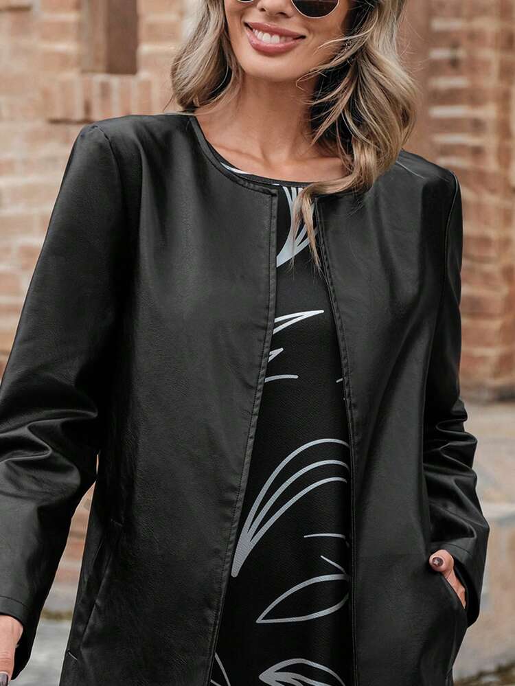 1pc Solid Open Front PU Leather Coat