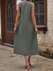 EMERY ROSE 素色前紐扣無袖連衣裙 - 橄欖綠 - 查看 2