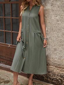 EMERY ROSE 素色前紐扣無袖連衣裙 - 橄欖綠 - 查看 4