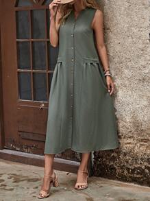 EMERY ROSE 素色前紐扣無袖連衣裙 - 橄欖綠 - 查看 5