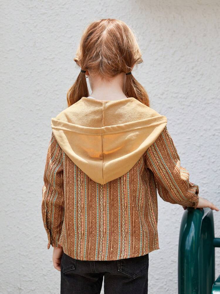 Young Girl 1pc Geo Print Flap Pocket Hooded Shirt
