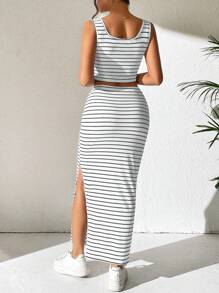 Chiquease Striped Print Tank Top & Split Hem Skirt - Dark Grey - View 2