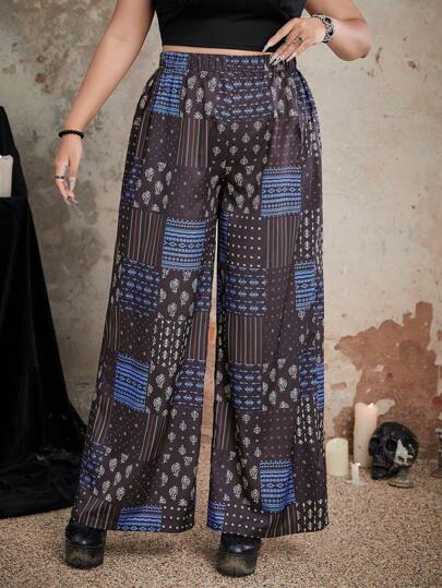 Goth بنطلون بساق واسع طباعة مختلط مقاس كبير