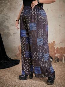 ROMWE Goth Plus Patchwork Print Wide Leg Pants - Multicolor - View 3