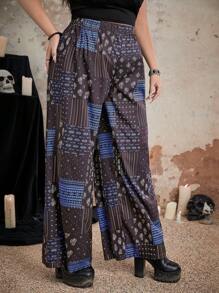 ROMWE Goth Plus Patchwork Print Wide Leg Pants - Multicolor - View 4
