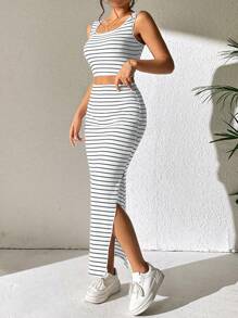 Chiquease Striped Print Tank Top & Split Hem Skirt - Dark Grey - View 3