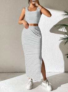 Chiquease Striped Print Tank Top & Split Hem Skirt - Dark Grey - View 6