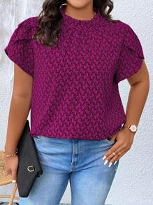 Calvaya 大碼滿版印花花瓣袖木耳邊領襯衫 - 紫色 - 查看 1