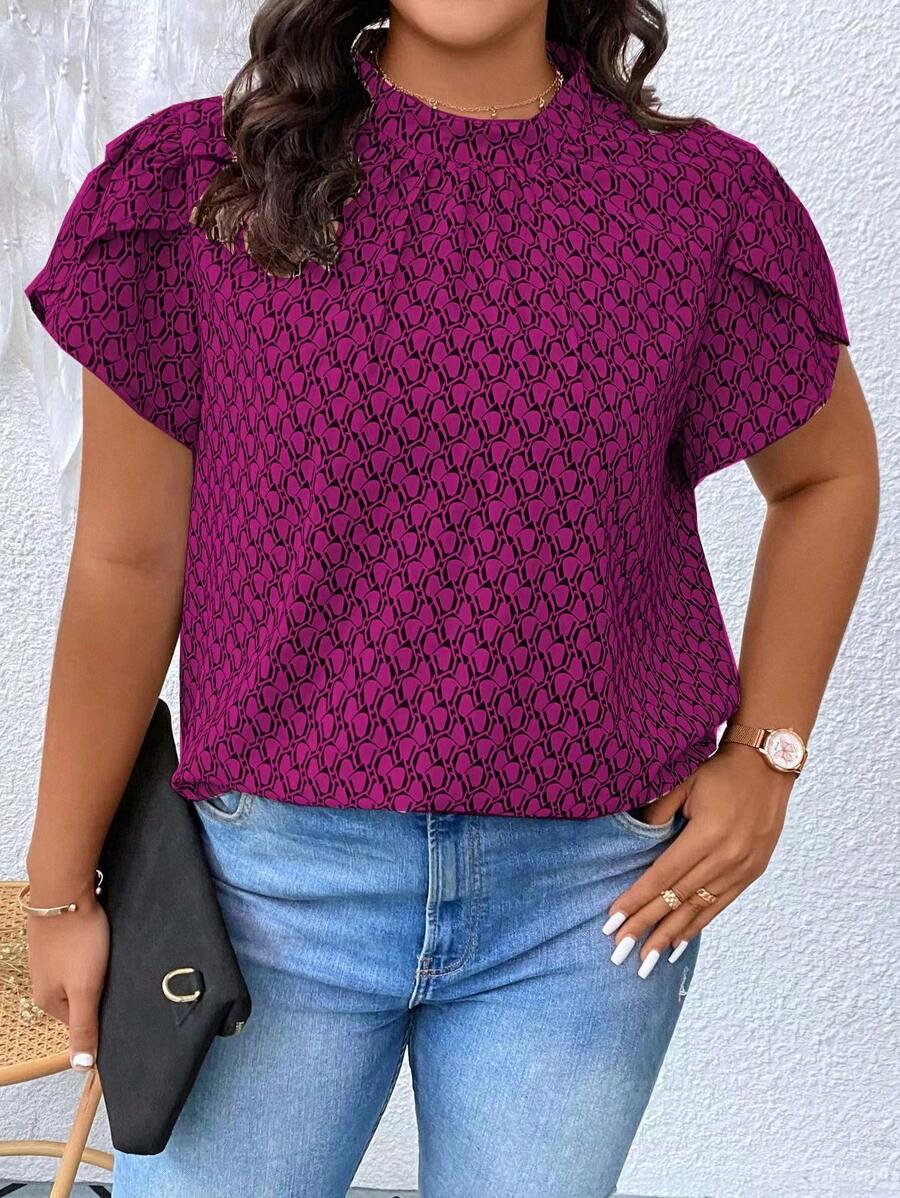 Calvaya 大碼滿版印花花瓣袖木耳邊領襯衫 - 紫色 - 查看 1