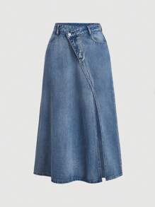 SHEIN MOD Overlap Waist Split Thigh Denim Skirt, Fall Women Clothes - Medium Wash - View 1