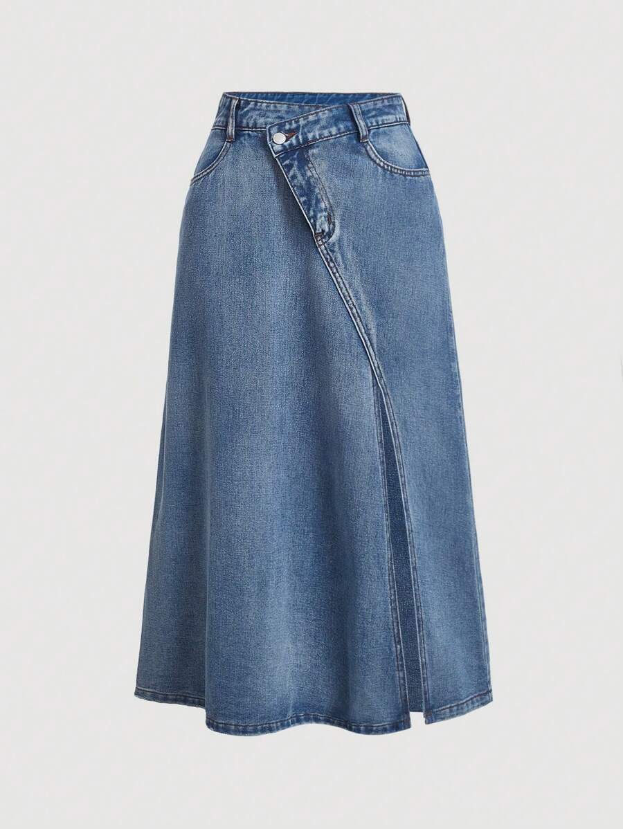 SHEIN MOD Overlap Waist Split Thigh Denim Skirt, Fall Women Clothes - Medium Wash - View 1